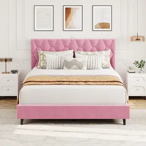 Garvee Pink Full Bed Frame with Upholstered Headboard, Heavy-Duty Platform Bed Frame with Strong Wood Slats, No Box Spring Needed/Noise Free/Easy Assembly