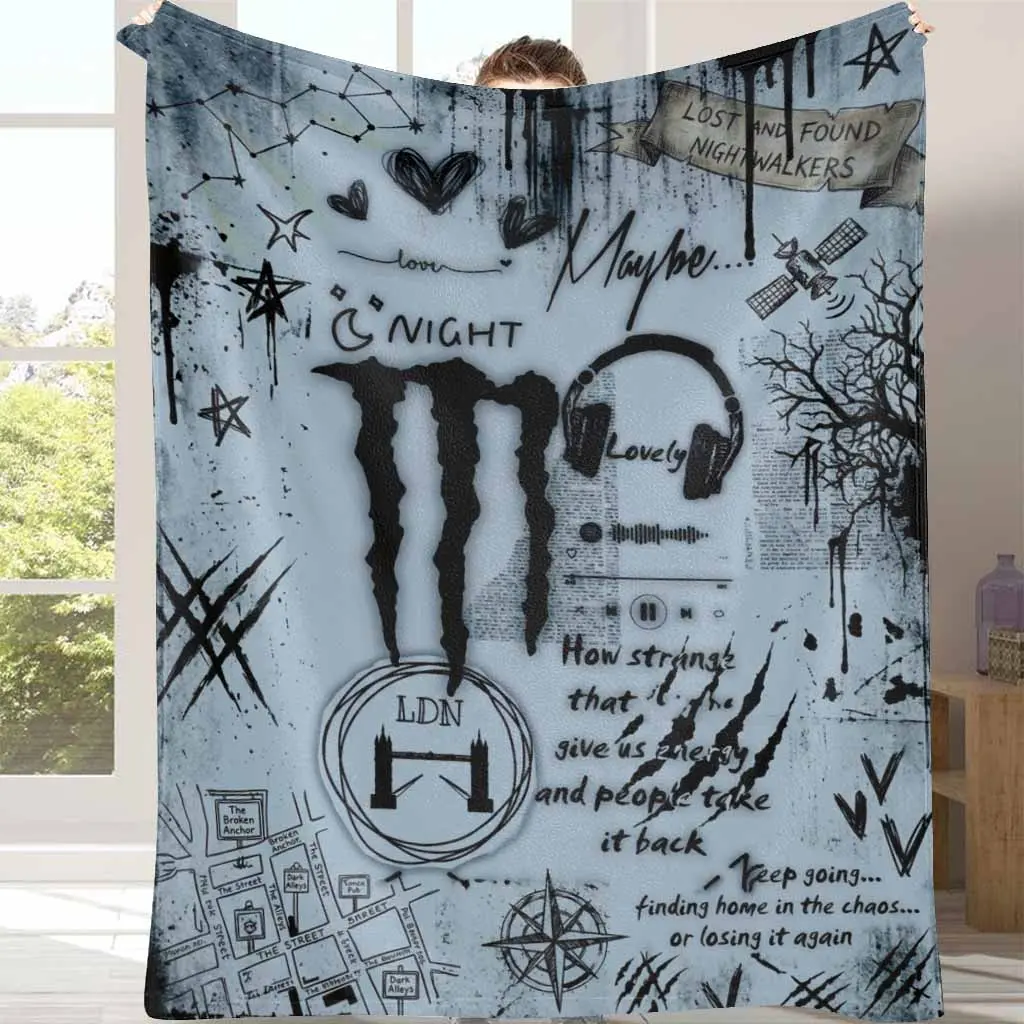 Gothic Nightwalkers Graffiti Flannel Throw Blanket - Dark London Street Map, Music Symbol Prints, Breathable, Wrinkle Resistant - Soft Warm Lightweight Cozy for Bedroom, Business Trips - Room Decor, Teen Room Decor Gift
