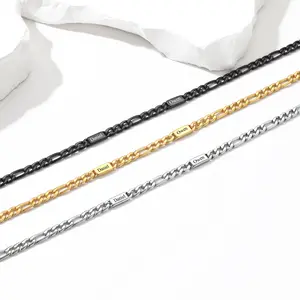 【Add note or leave message for names】PROSTEEL Personalized Stainless Steel Figaro Chain for Men Women, 5mm/7mm Width Engraving 1-5 Names Figaro Chain Necklace, Steel/Golden/Black Christmas New Year Customized Gift