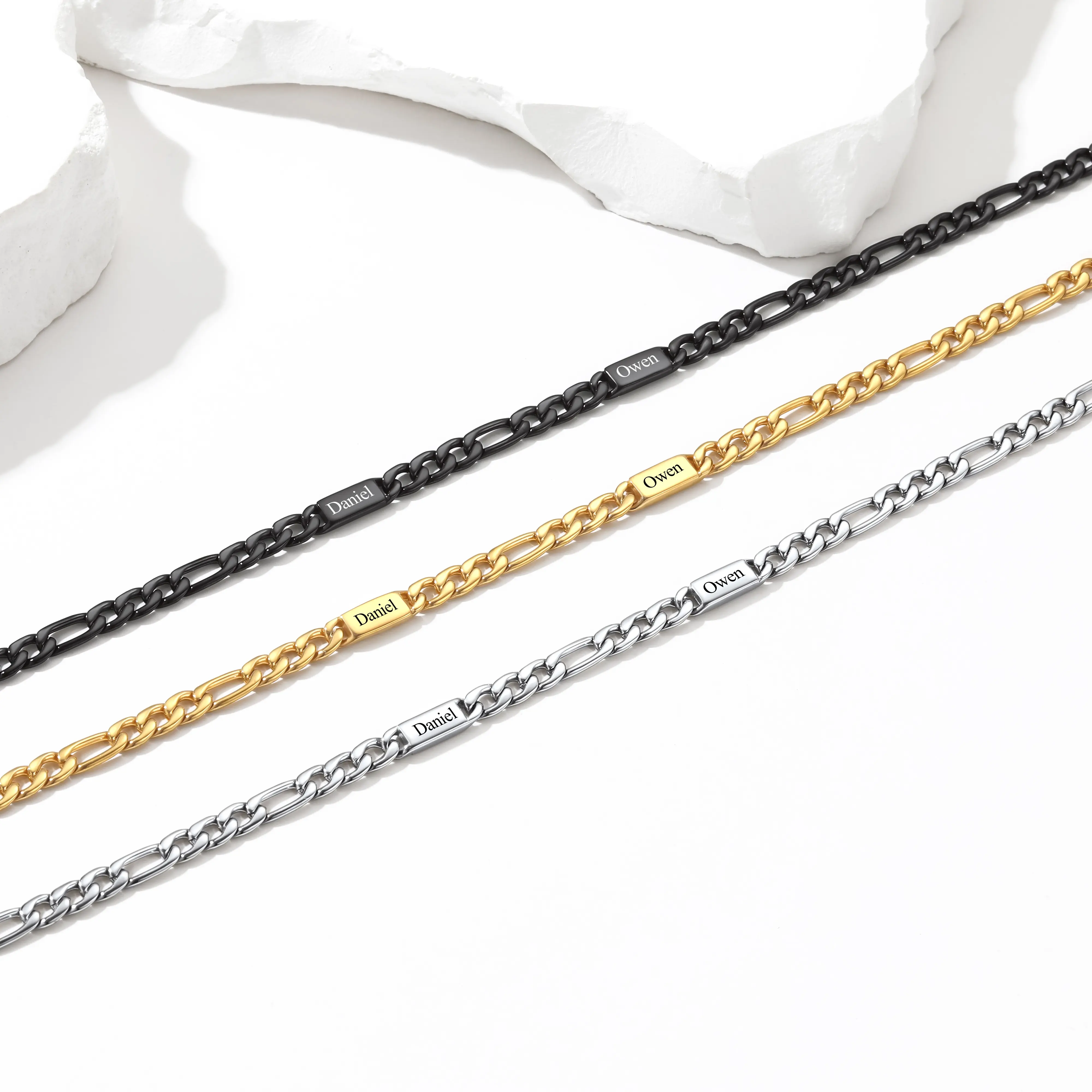 【Add note or leave message for names】PROSTEEL Personalized Stainless Steel Figaro Chain for Men Women, 5mm/7mm Width Engraving 1-5 Names Figaro Chain Necklace, Steel/Golden/Black Christmas New Year Customized Gift