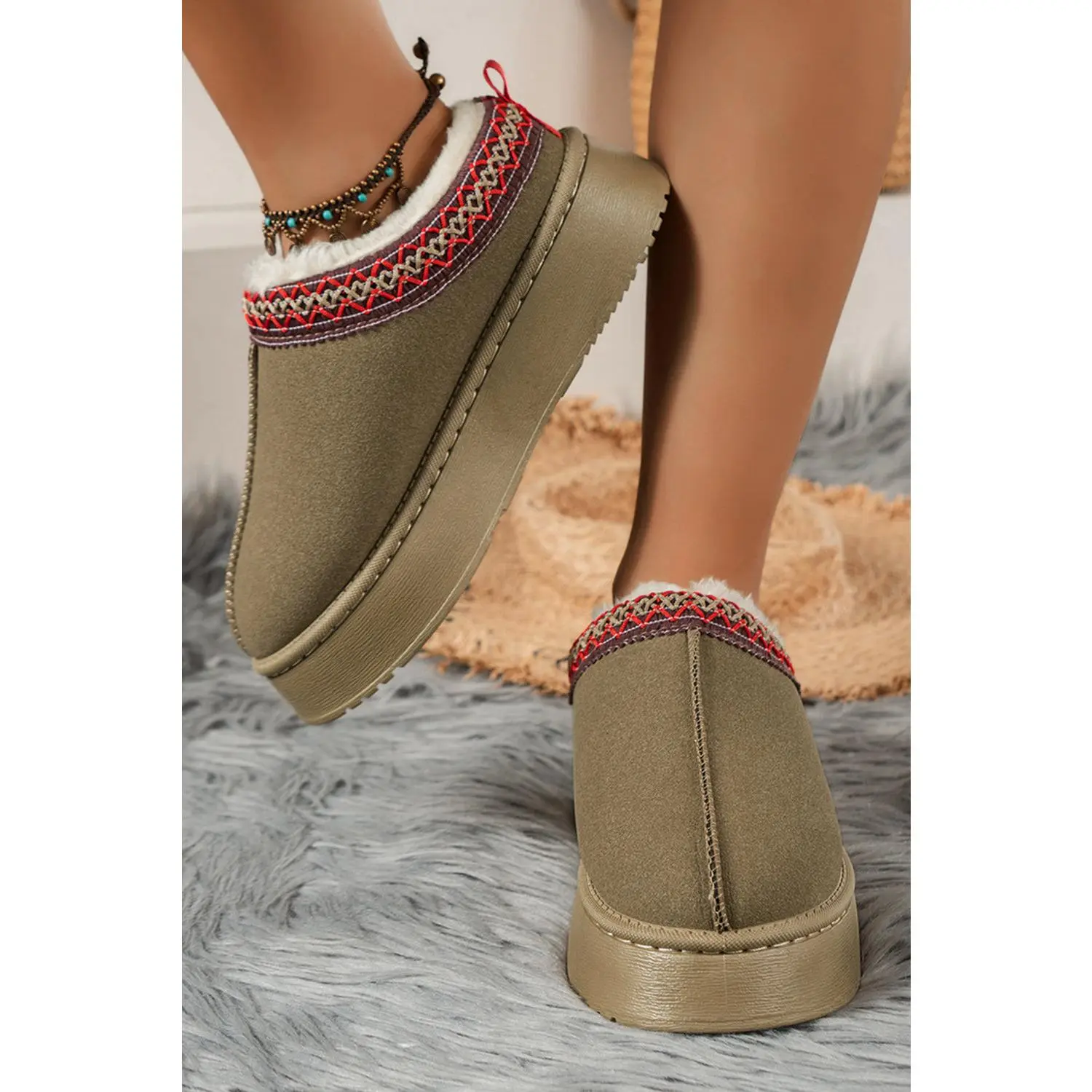 Sage Green Contrast Print Suede Plush Lined Snow Boots