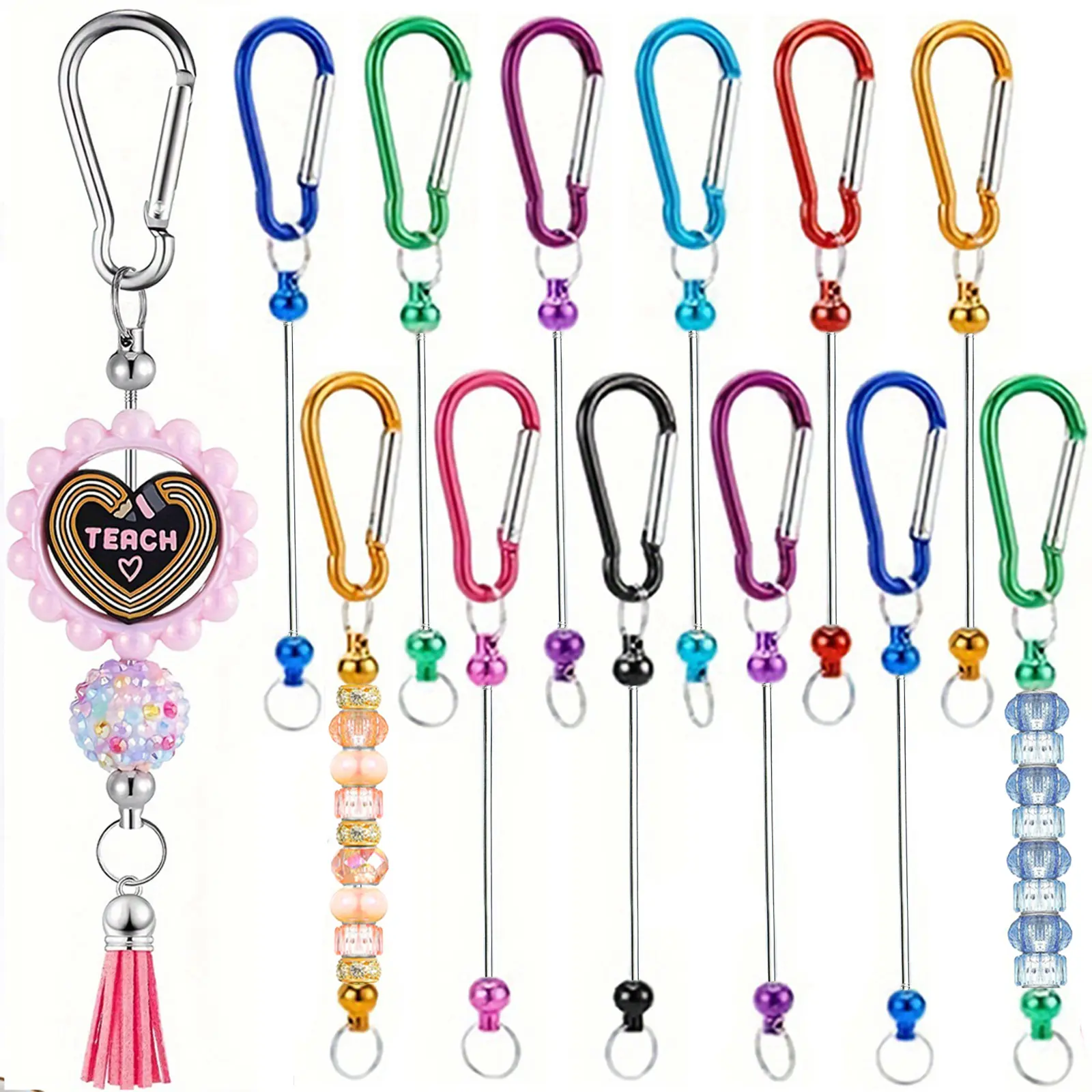 12-Pack Unisex Colored Bead Keychain Bead Kits with Metal Rods, Bulk DIY Beading Crafting Supplies for Jewelry Making, Customized Holiday Gifts