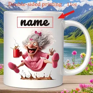 2026  1pc Personalized Funny Grandma Coffee Cup| 11 oz Ceramic Cup with Customized Name & Double-sided Printing, Anti-Spill Design, Red Handle, Available in 7 Colors, Ideal for Mother'S Day, Christmas, Birthday, Holiday Gifts, Special Occasions