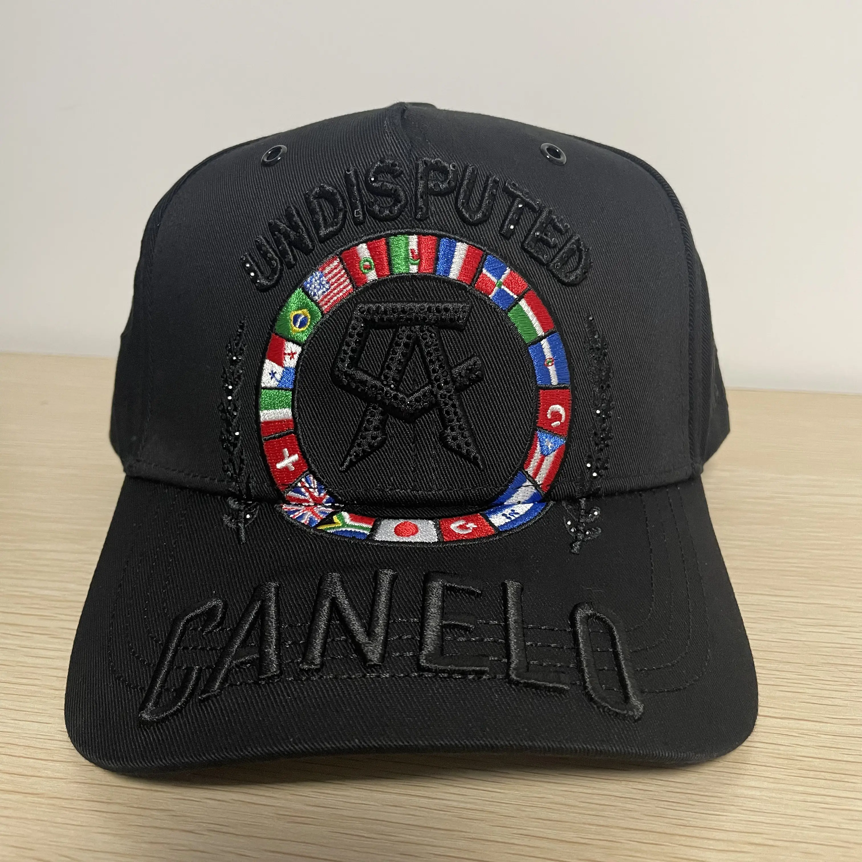 Structured Black Baseball Hat, Undisputed Champion Canelo Laurel Wreath Rhinestone Urban Street Style Cap