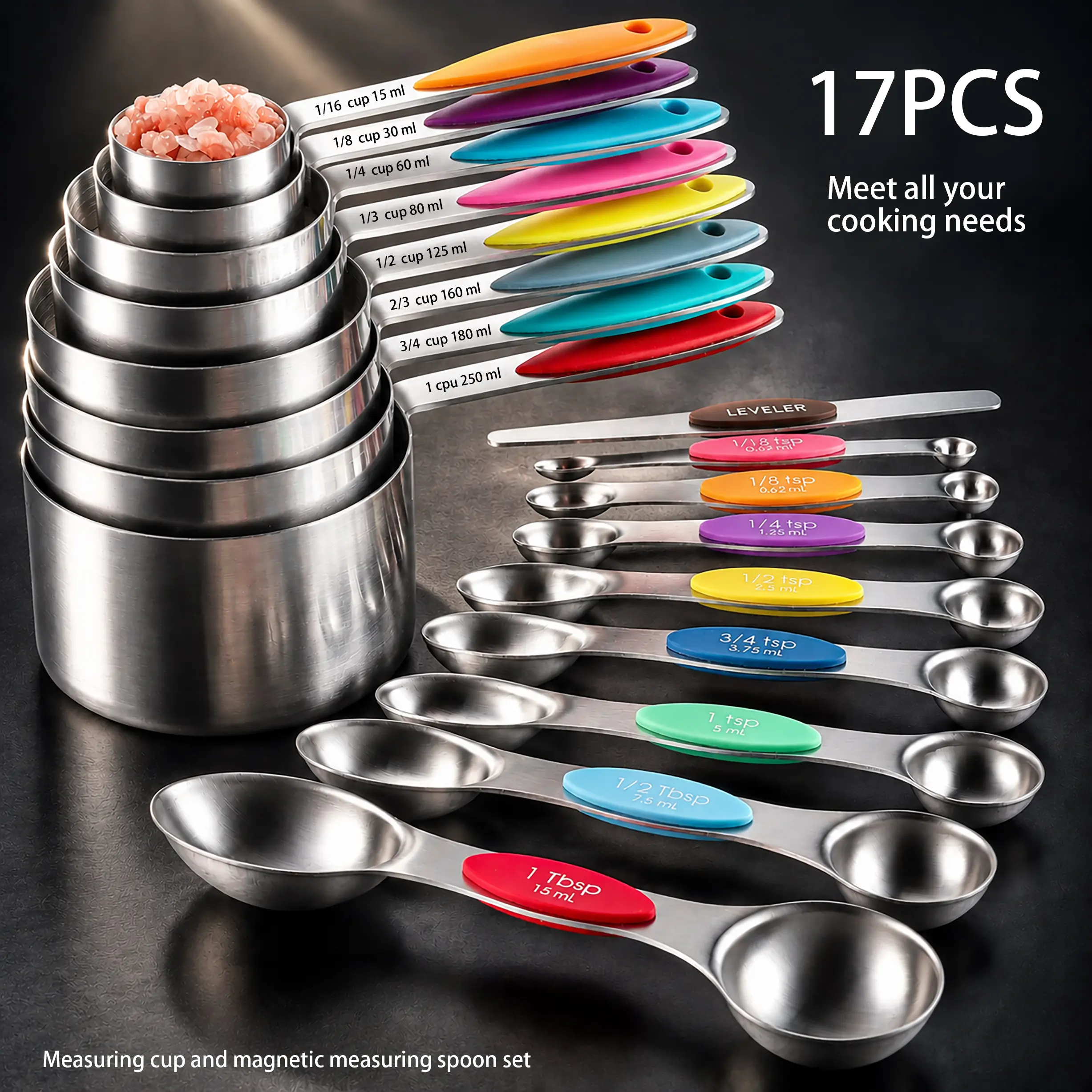 17-Piece High-End Stainless Steel Measuring Cup & Magnetic Spoon Utensils Set - Metric Marked, Accurate Dry/Liquid Measurement, Non-Slip Silicone Handle, Food-Grade Heat-Resistant, Versatile Kitchen Household Bakeware for Cooking (Black Friday Pick)