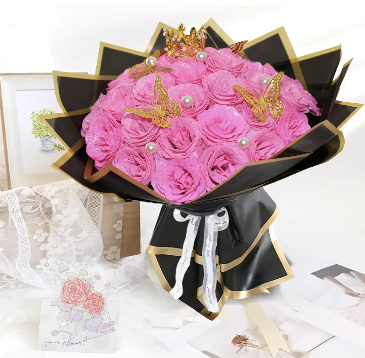 Pink Glitter Roses Bouquet, 24 Pcs Shiny Glitter Flowers Bouquet, Everlasting Artificial Roses Bouquet for Mothers Day, Birthday, Anniversary, Wedding, Engagement, Christmas