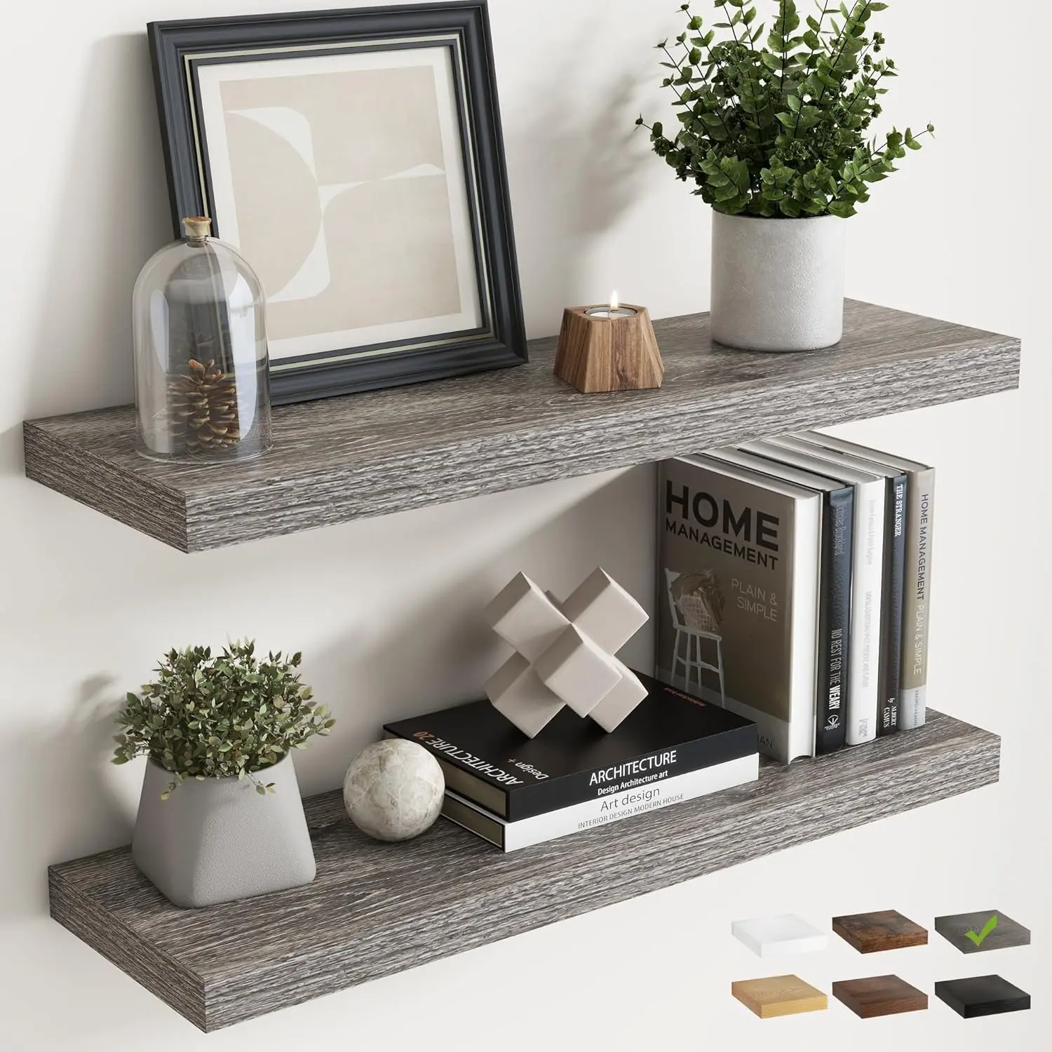 Grey Oak Engineered Wood Floating Wall Shelves Set (2-Pack, 30-Inch), 8-D Invisible Bracket, Durable Shelf for Wall, (B.O.) Walnut Finish Storage for Bathroom, Kitchen Decor