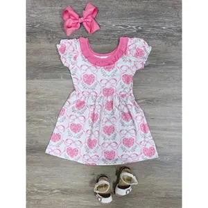 Charming Hearts & Bows Girls or Toddler Hot Pink Ruffle Coquette Pattern Short Sleeve Puff Sleeve Dress
