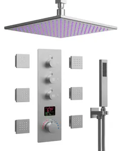 LED Rain Shower Head Digital Shower System With 4 Way Thermostatic Valve, Brushed Nickel