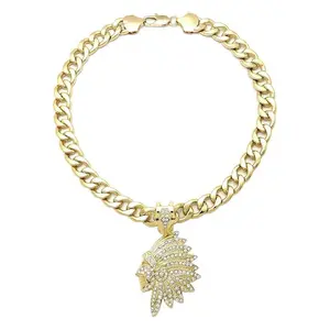 Hip Hop Style Native American Indian Chief Gold Silver Plted Pendant & 10mm 18" 20" 24" 30" Cuban Chain Necklace