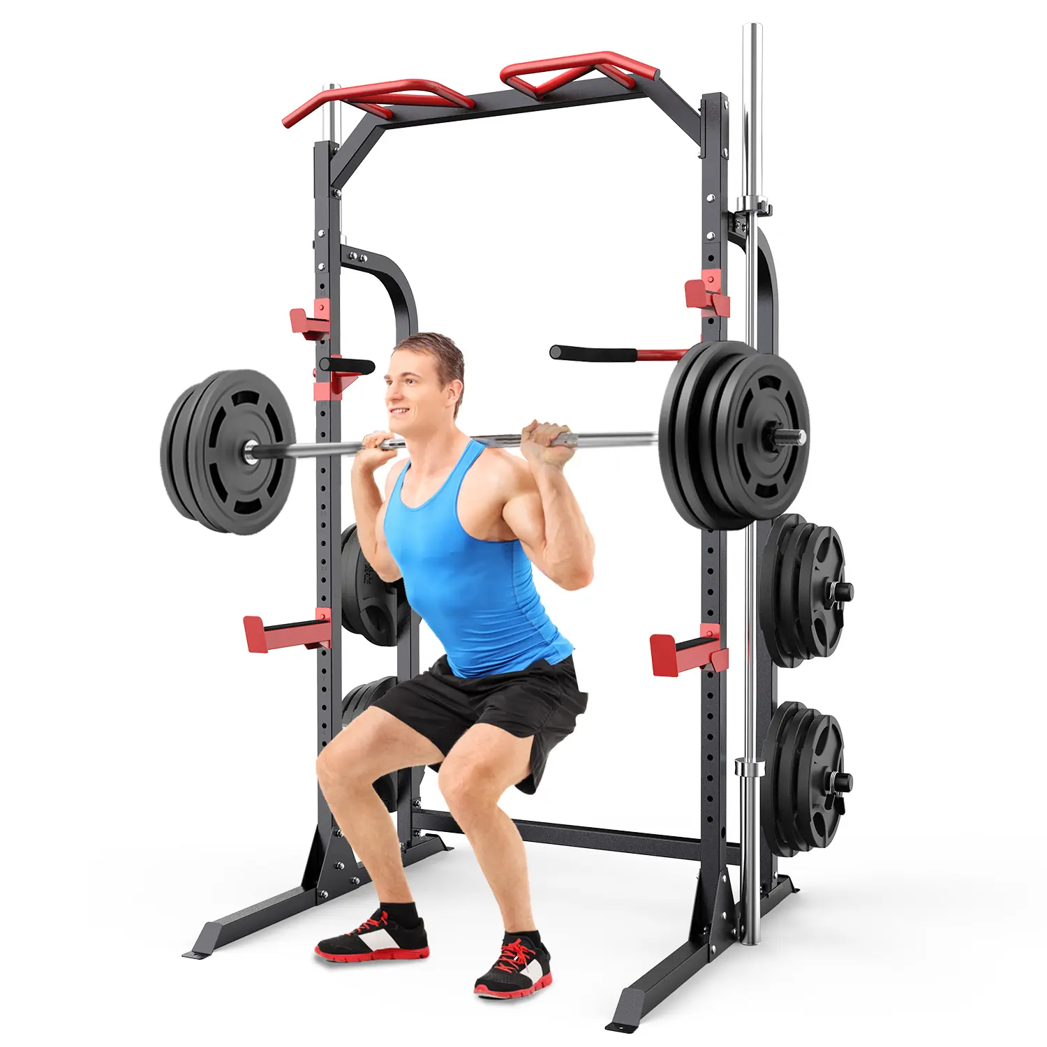 SunHome Heavy-Duty Steel Power Cage - Multi-Functional Squat Rack with Pull Up Bar, Dip Station, Weight Storage, 28 Adjustable Positions for Home Gym Kit, Workout, Fitness & Exercise Equipment, Chin Up, Weight Equipment, Training Equipment