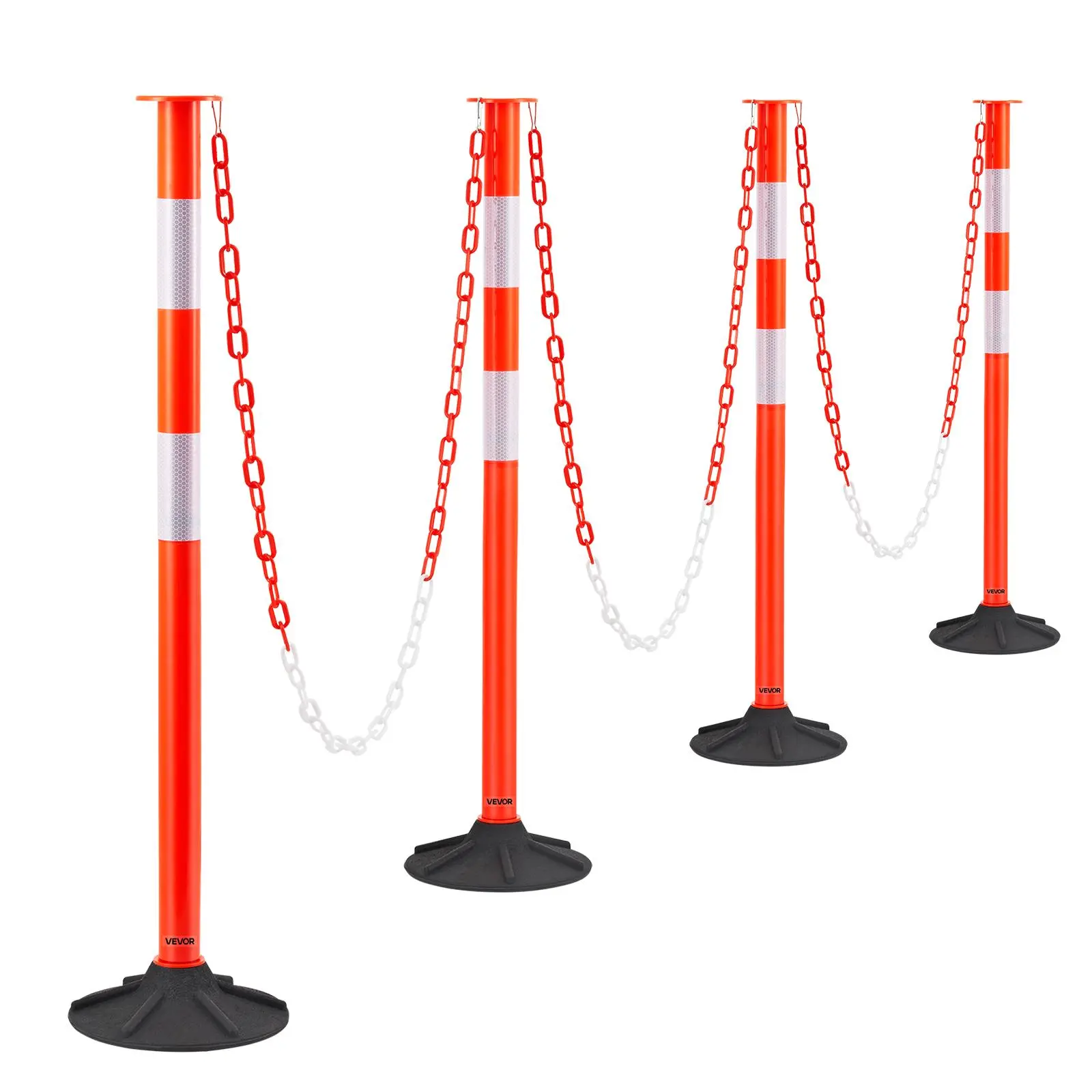 【summerfinds】VEVOR 4 Pack Traffic Delineator Posts, 34 in Traffic Safety Cones with Weighted Base, Reflective Strips and Chain, Heavy Duty Delineator Posts for Construction Site, Parking Lot, Crowd Control, Red, Rubber-Coated Safety Cones, Cone Safety