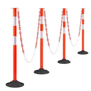 【fathersdaygift】VEVOR 4 Pack Traffic Delineator Posts, 34 in Traffic Safety Cones with Weighted Base, Reflective Strips and Chain, Heavy Duty Delineator Posts for Construction Site, Parking Lot, Crowd Control, Red, Rubber-Coated Safety Cones