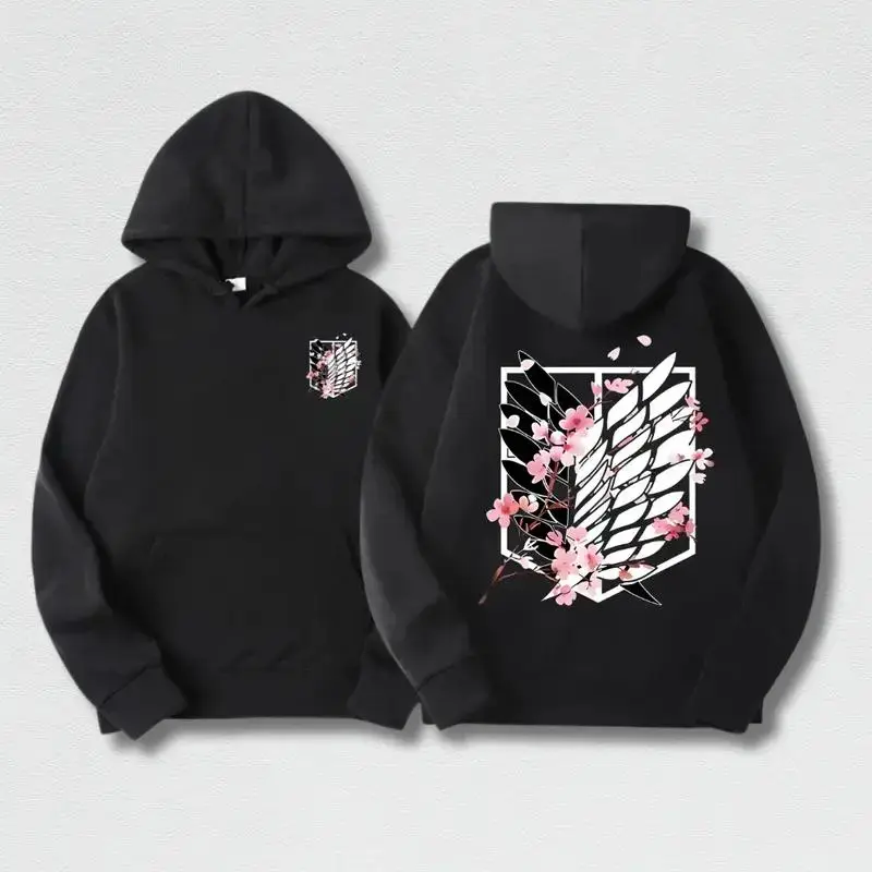 Attack On Titan Sakura Wings Of Freedom Hoodie Scout Regiment Cherry Blossom Anime Core Pullover Japanese Aesthetic Floral Graphic Streetwear Boxy Fit Black Sweatshirt Unisex Anime Fan Gift Top