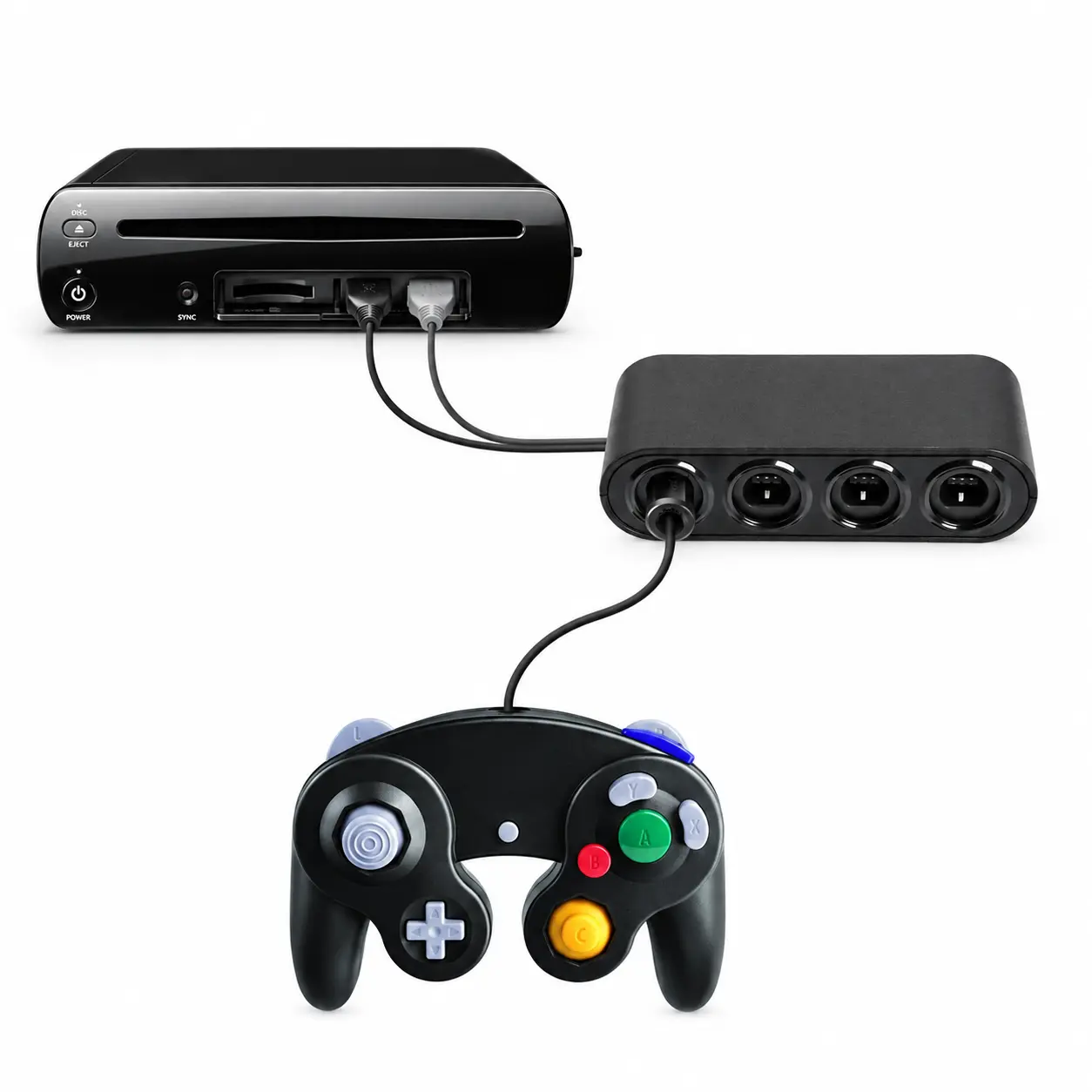4-Port GameCube Controller Adapter for Nintendo Switch, Wii U & PC, Durable Plastic Wired USB Gaming Converter with Dual USB Cables, 3ft Cable, Vibration Feedback, Mode Selector, Button, Stable Connection, Black ABS Console Accessory