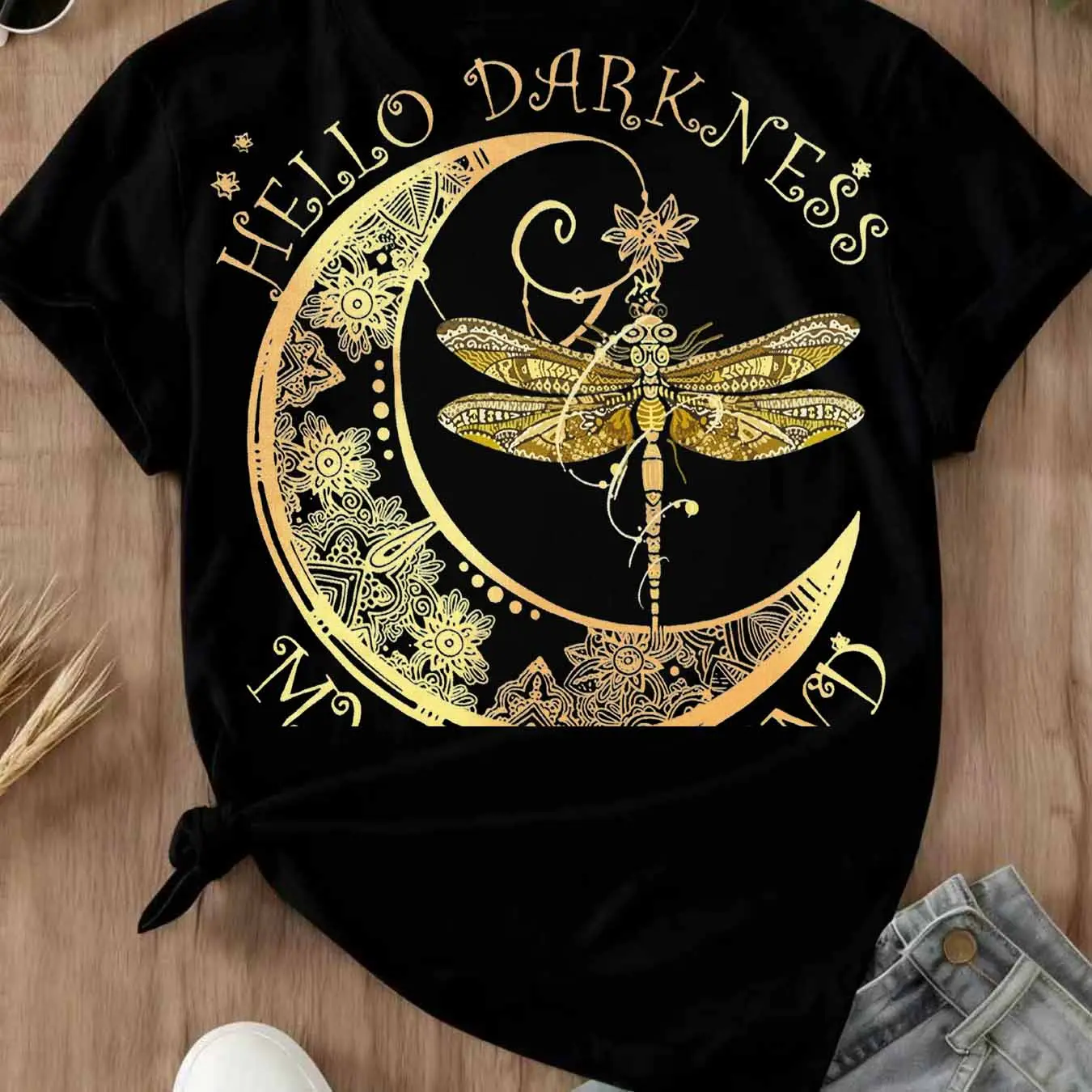 Hello Darkness My Old Friend Moon And Dragonfly Print T Shirt  Casual Short Sleeve Top For Everyday Wear And Leisure Activities