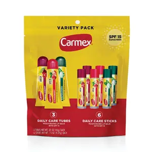Carmex Daily Care Moisturizing Lip Balm Pack, SPF 15, Multi-Flavor Lip Care Variety Pack Bag, 9 Count (3 Tubes, 6 Sticks)