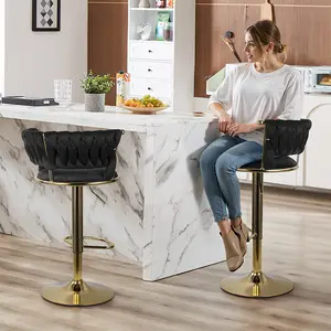 Set of 2 Black Adjustable Bar Stools – Modern Swivel Counter Chairs with Velvet Upholstery, Low Back, Comfortable Cushion & Sturdy Gold Frame