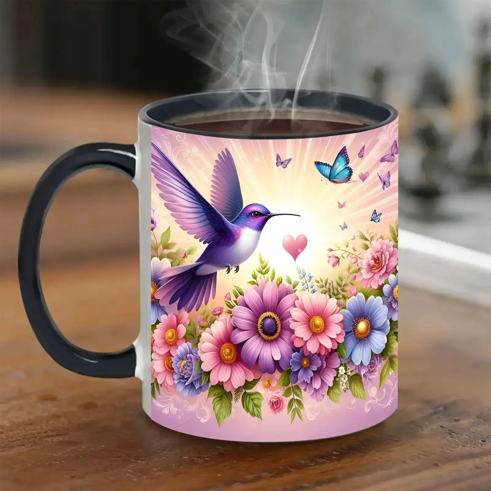 11oz Glossy Purple Hummingbird Floral Ceramic Coffee Mug - Colorful Flower Butterfly Print, Black Handle Drinkware, Washable Cute Animal Themed Handle Tumbler for Women, Colorful Mugs, Coffee Mugs