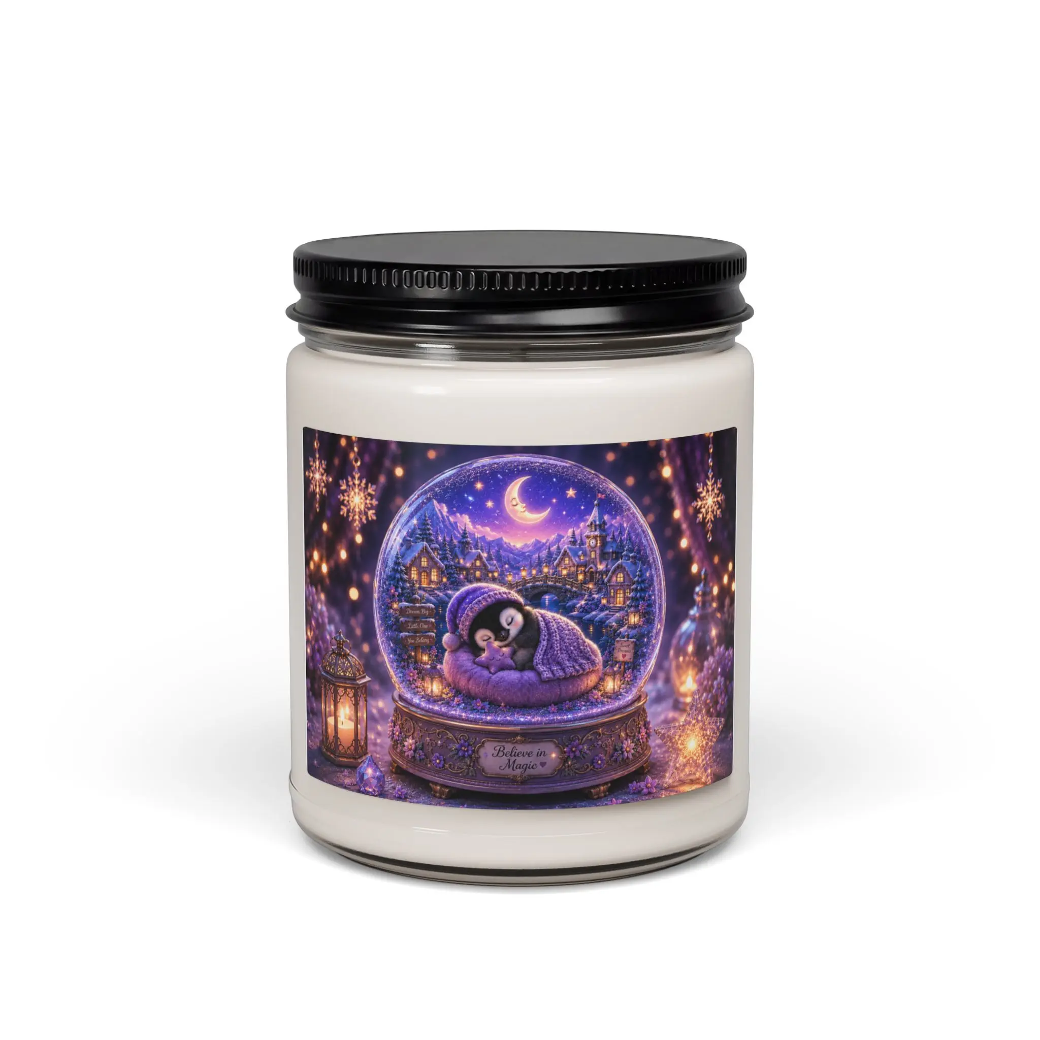 Purple Penguin Snow Globe Soy Candle | Believe in Magic | Cozy Winter Candle | Lavender Fantasy Decor | 9oz Scented Candle