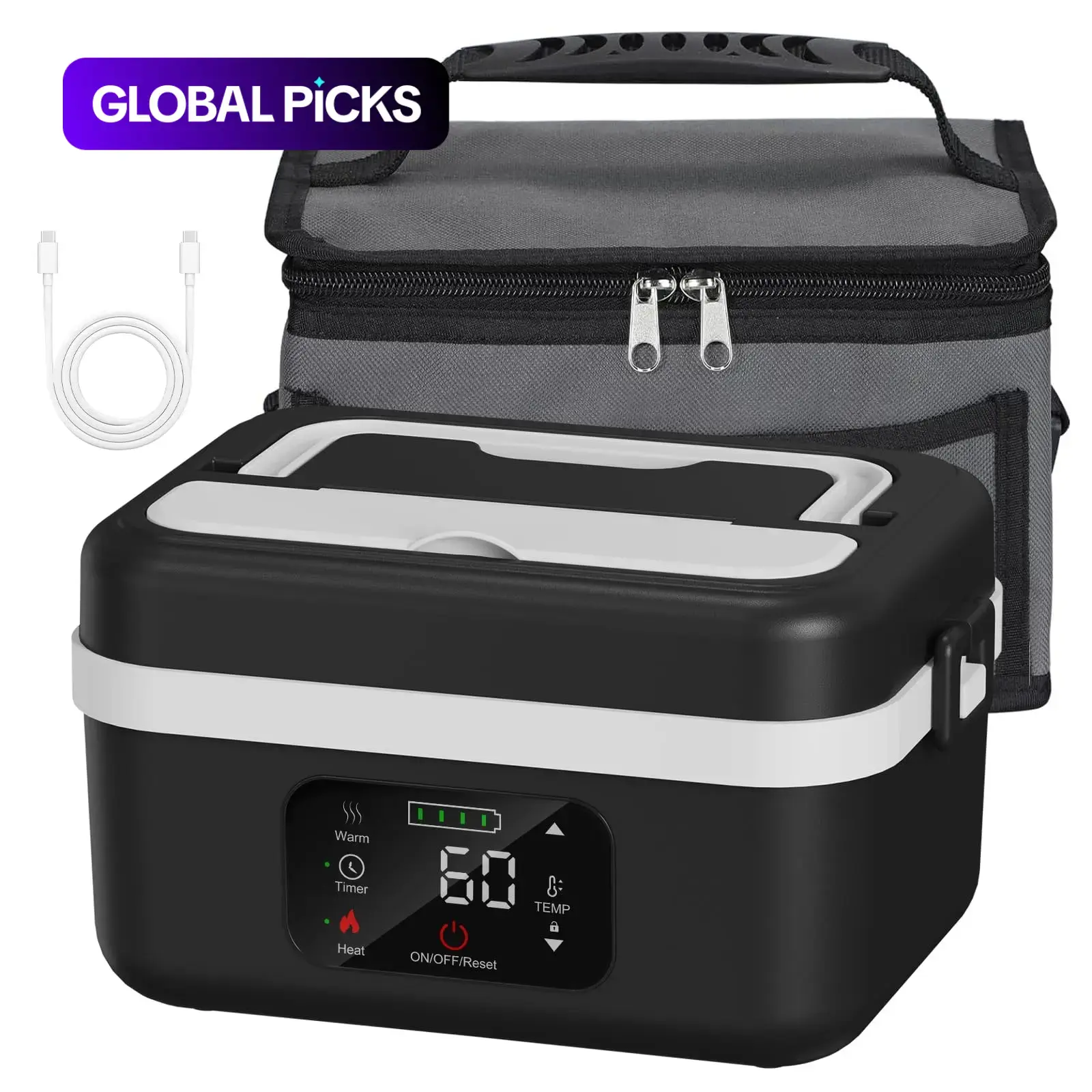 Rechargeable Cordless Self-Heating Lunch Box Portable Food Heater, Heatable Lunchbox, Heated Lunchbox, Thermal Heated Meal Container for Meal Prep, Office, Travel, Car, Picnic and Outdoor Use, Ideal Gift #GLOBAL PICKS