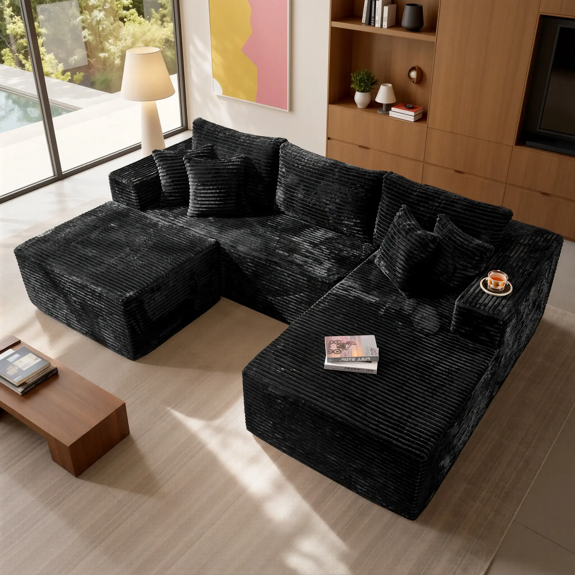 Black Corduroy Right Chaise With Ottoman