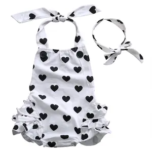 Ma&Baby Infant Baby Girl Halter Romper Heart Printing Sleeveless Backless Ruffle Jumpsuit Playsuit with Headband