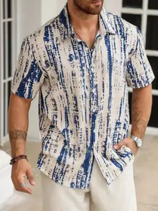 Men's Blue Stroke Print Tropical Short Sleeve Shirt, Casual Loose Fit Button-Up Top, Summer Beach Vacation Choice