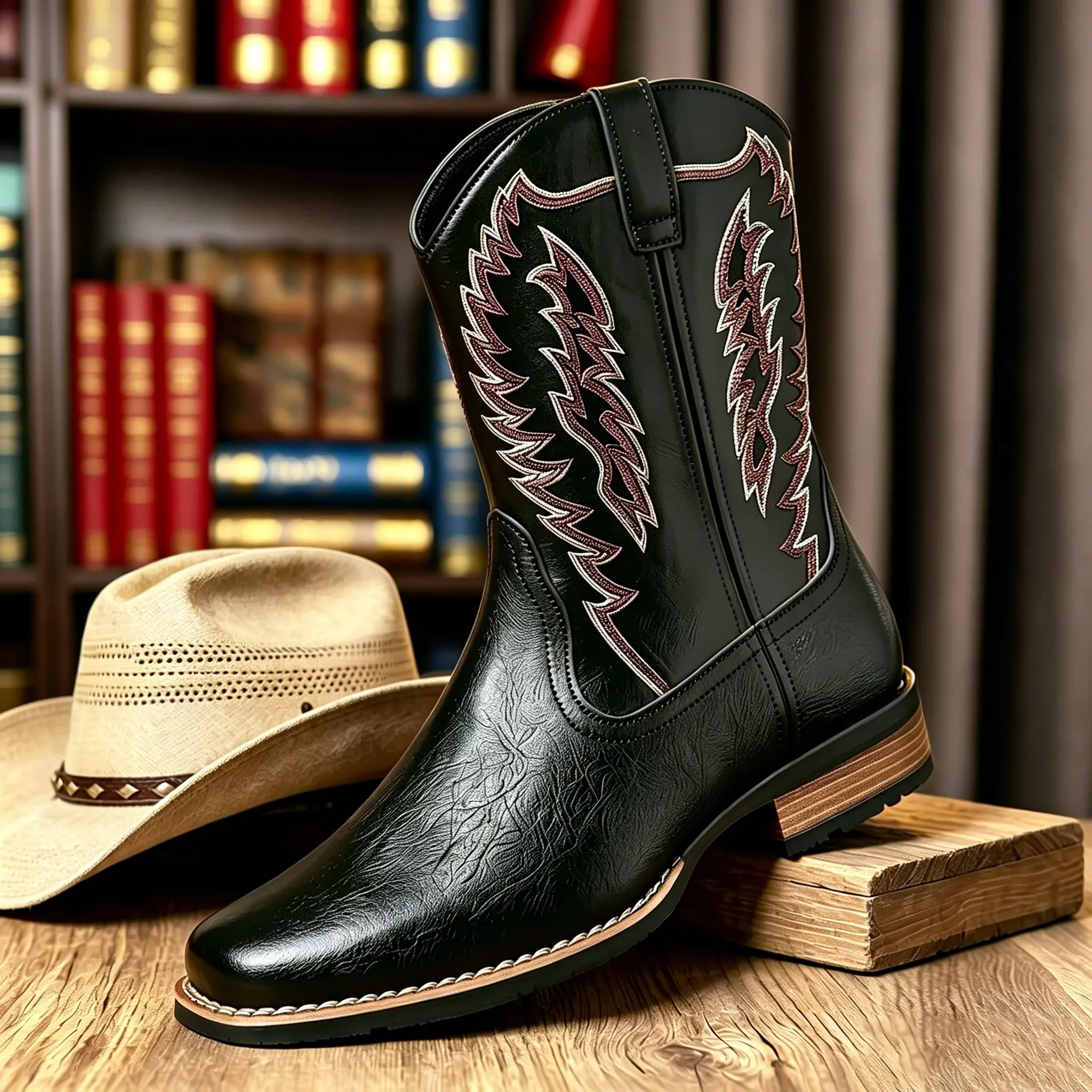 Men's Western Cowboy Boots with Embroidered Wing Design, Square Toe Matte Leather Shoe, Mid Calf Wide Fit with Slip-Resistant Sole, Retro, Walking Shoes, Classic, Footwear, Chic, Minimalist, Fabric, Western Ootd, Cowboy Aesthetic, Cuban, Rodeo Outfit Insp