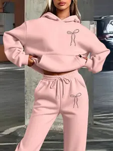 Autumn Winter Sportswear Set, Simple Line Bow Element, Sweet Cool Girl Style, Casual, Hooded Sweatshirt Long Pants Set, Sweatsuit Set, Tracksuit Set
