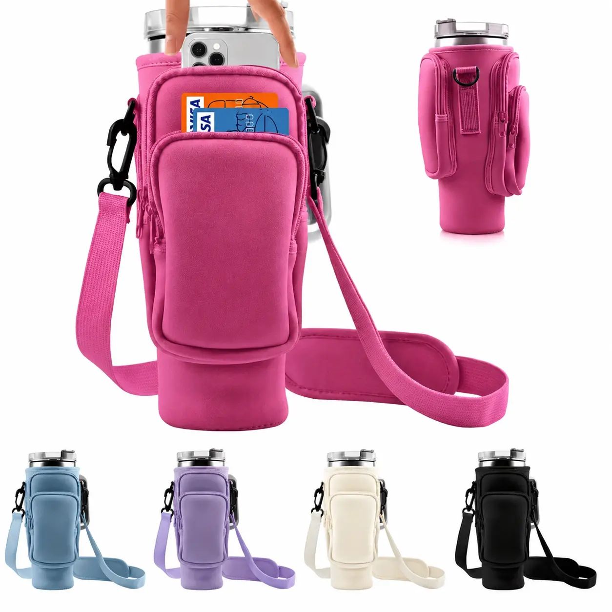 Insulated Thick Durable 40oz Tumbler Crossbody Carrier Bag - Travel Neoprene Holder with Adjustable Strap, Phone Pocket, Card Slots, Fits Most 40oz Cups