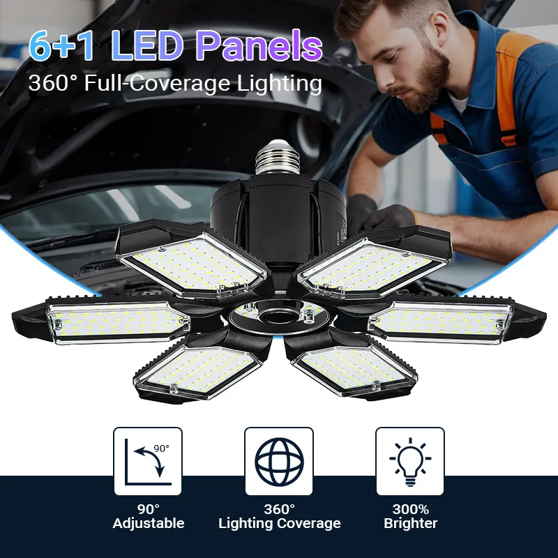 Qawtor Foldable LED Garage Light - Deformable 7+1 Panel E26/E27 Shop Ceiling Bulb, Super Bright Work Light for Barn/Warehouse, Easy Installation, Led Lights, tiktokshopbacktoschool