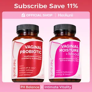 HerAuré Balanced & Moist Bundle - pH Balance, Odor Control, Stress Relief, Energy, Relaxation, Flora Health - 7B CFU Probiotic, 7-in-1 Mushroom Blend, Prebiotic, Ashwagandha, Saffron, Maca, Slippery Elm, Sea Moss, beach essentials, Deals For You Days