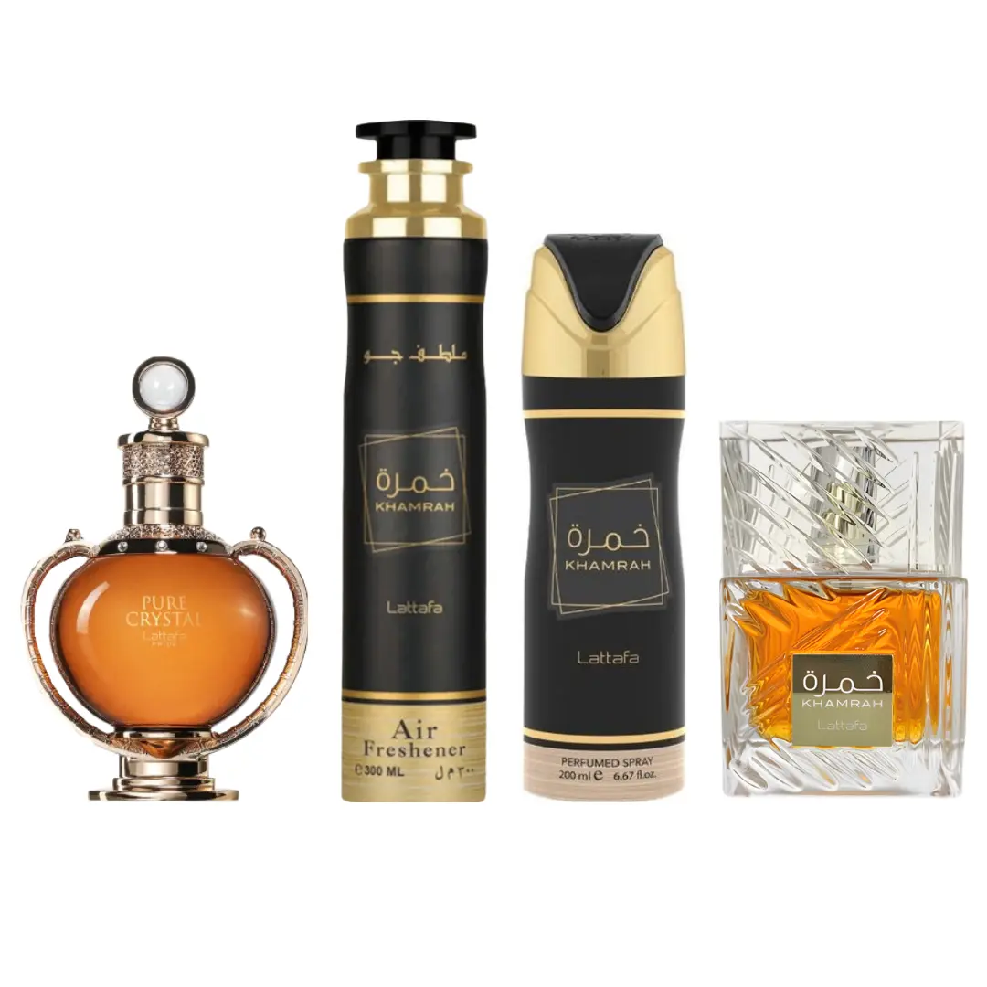Lattafa Unisex Crystal Oud Pre-Packed Lifestyle Set - Ethnic Unisex Fragrance, Pure Crystal Fragrance, Khamrah Perfume, Scented Deodorant, Scented Air Freshener