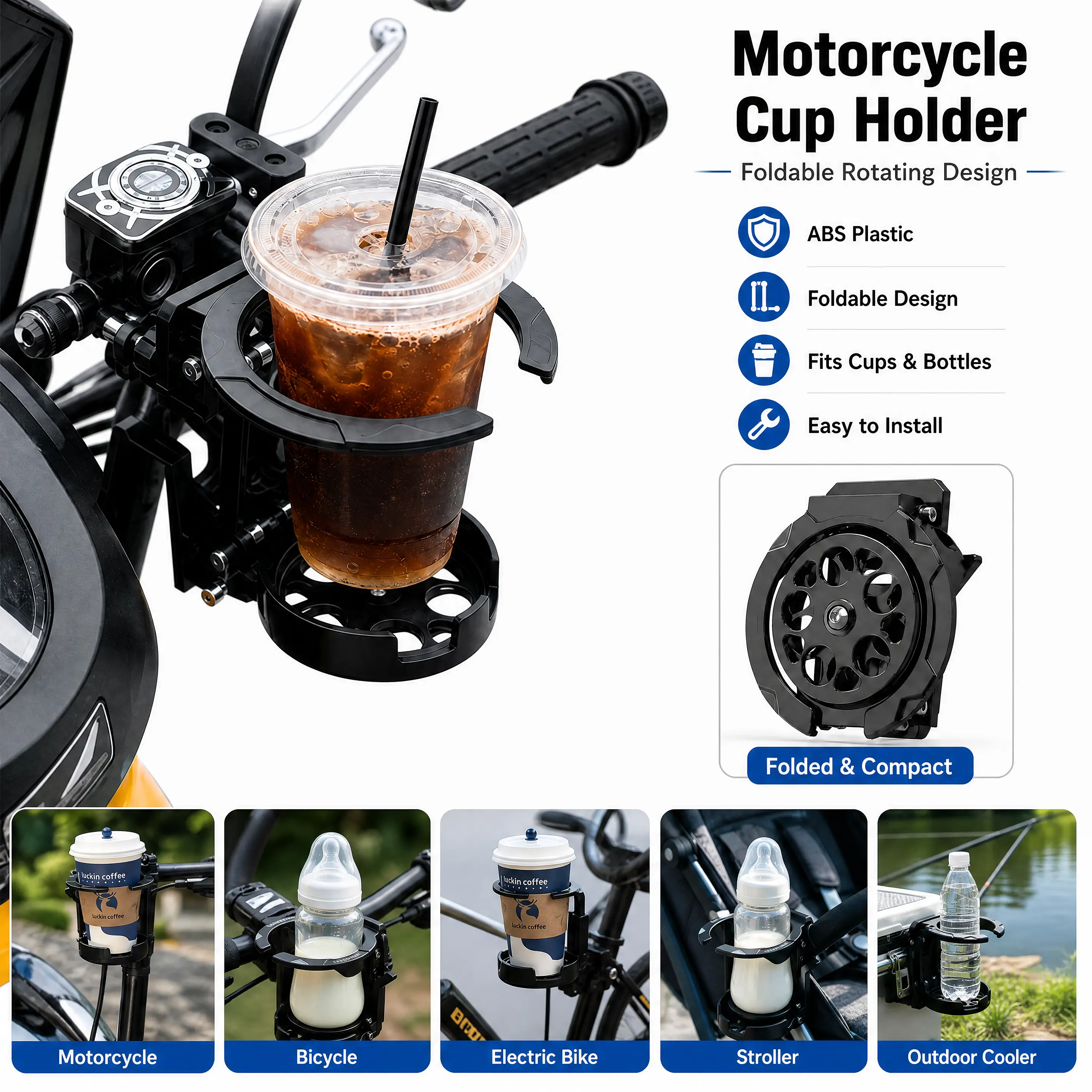 2PCS Gothic Moto Compact ABS Plastic Motorcycle Cup Holder with Installation Tools - Universal Water Bottle Bracket for ATV, Bicycle, Brackets