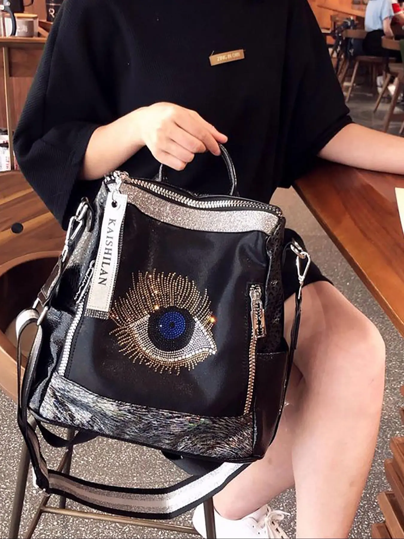 Fashionable Eye Design Backpack, Trendy Contrasting Diamond Studded Backpack, Large Capacity Casual Versatile Backpack for Travel, Outings, Daily Life, Cute Versatile Backpack, Stylish Daypacks, Casual Daypack Backpacks, Backpack Bags