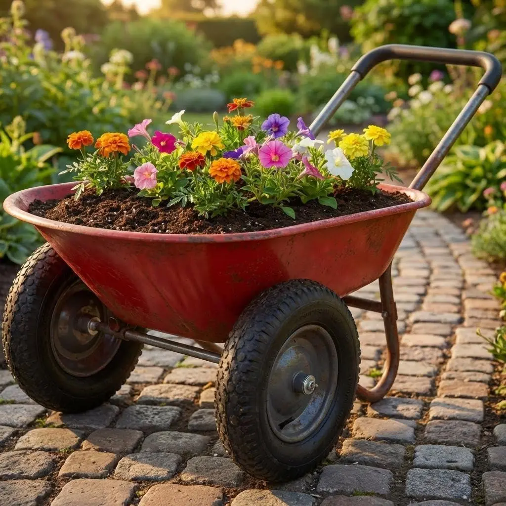 GARVEE Red Garden Wheelbarrow Cart, Heavy Duty Utility Cart with Dual Wheels and Built-in Stand, Iron and Plastic Yard Cart for Home, Lawn and Garden
