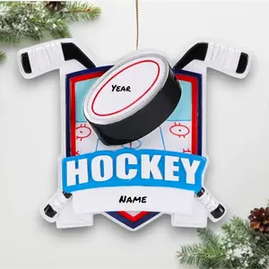 Personalized Hockey Ornament – Custom Ice Rink Shield with Name & Year – Hockey Puck & Sticks Gift Noel Box