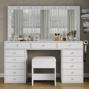 13 Drawers  Desk, Makeup  With Power Outlet,   With Mirror And 13 LED Bulbs, 3 Color Lighting Modes, Glass Top, Dressing  For Bedroom vanity Table
