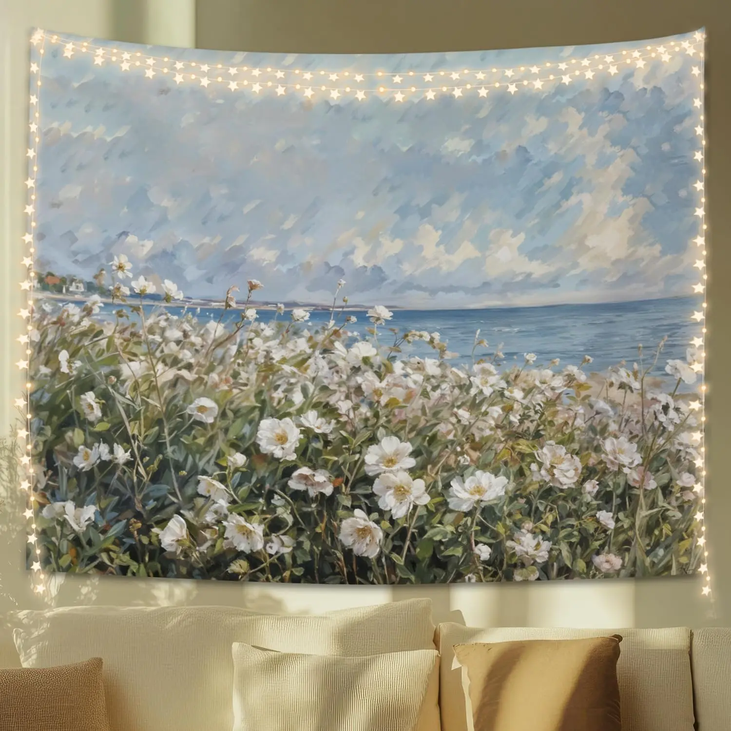 Coastal Wildflower Tapestry, Flower Field Landscape Tapestries Wall Blanket, Preppy Beach Floral Wall Hanging Decor for Teen Girl Women Home Living Room Bedroom, 50x60 Inch