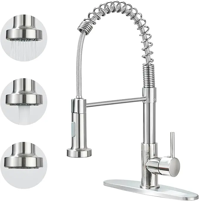 Brushed Nickel/Matte Black Stainless Steel Kitchen Sink Faucet - Single Handle, Pull-Down Sprayer, Brass Body, High-Arced Spout, Industrial Modern Design, Pause Function, 1 or 3 Hole Installation for Farmhouse Laundry Utility