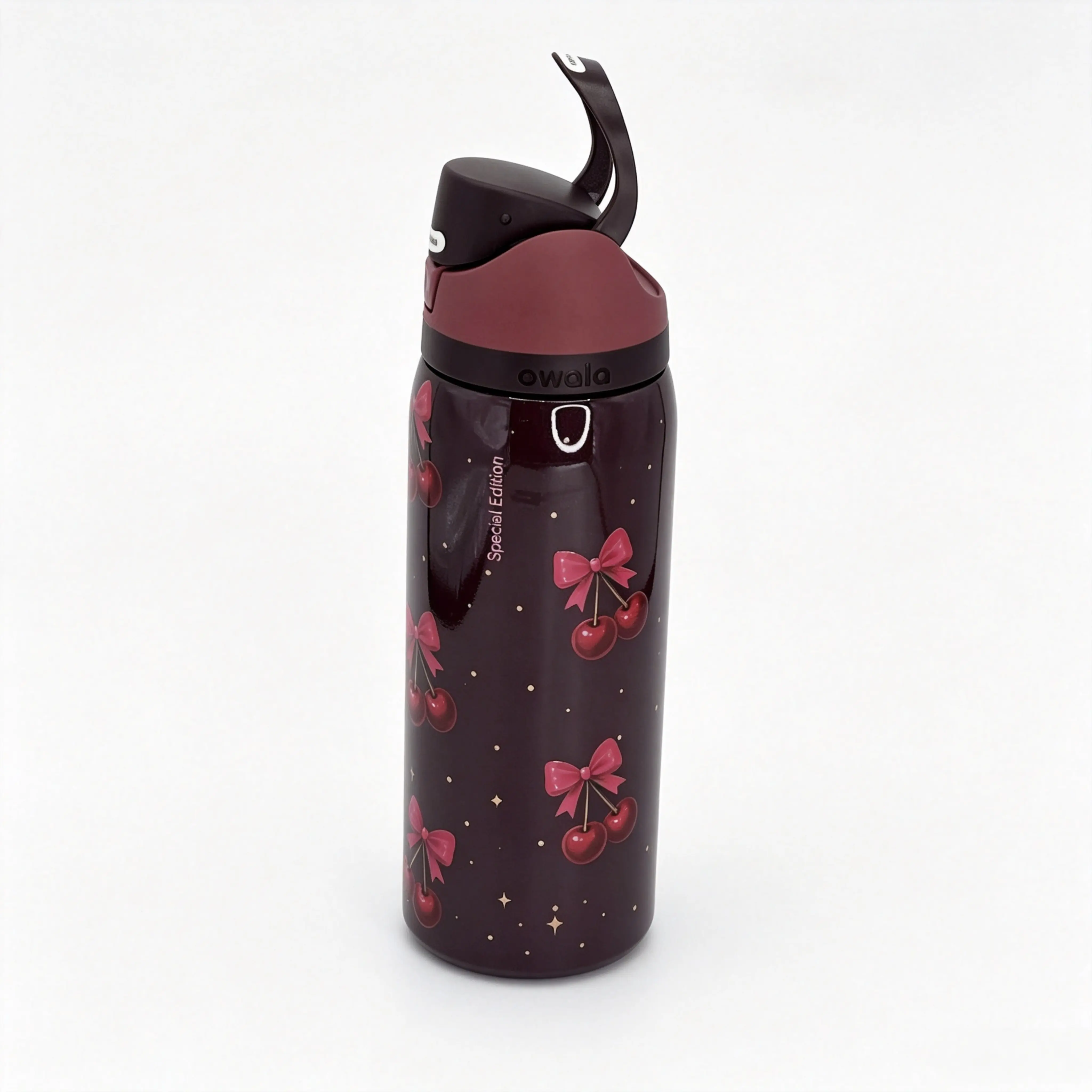 Owala FreeSip 32oz Insulated Stainless Steel Water Bottle - Cherry Bow Print Tumbler with Flip Built-In Straw Lid, Leak-Proof, BPA-Free Reusable Travel Cup for Gym, Camping, Daily Outdoor Use drinkware black insulate 2-in-1 sip color drop soccer cold