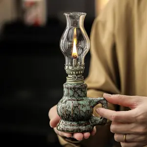 Outdoor Indoor Ceramic Oil Lamp with Handle, Reusable Practical Elegant Tea Culture Decorative Candle Holder, Home Decoration Tabletop Oil Lamp, Vintage Decor