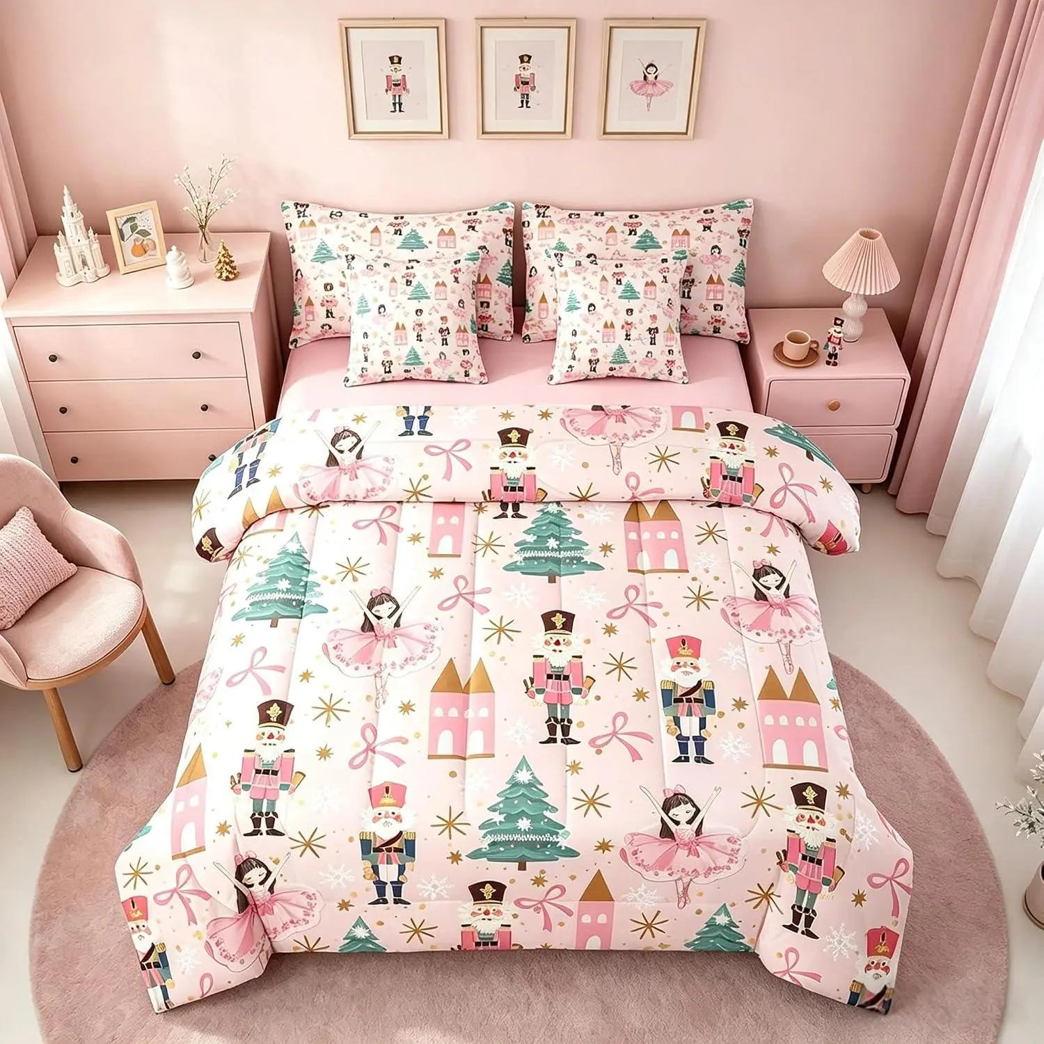 Feelyou 7-Piece Pink Christmas Nutcracker Bedding Set - Comforter with Sheets, Xmas Tree Design, Pink Princess Bed-in-a-Bag, Scandinavian Bedroom Decor, 7-Pieces
