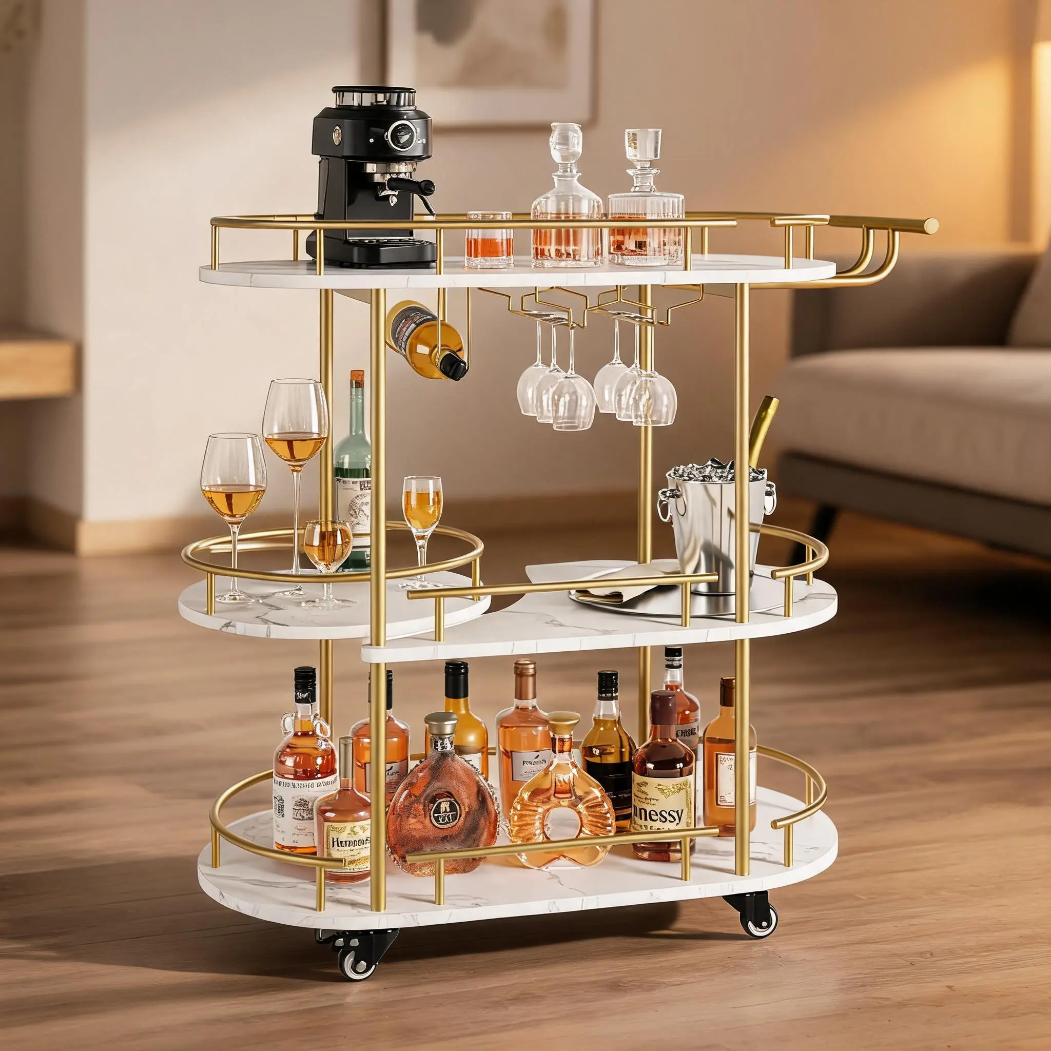 Garvee 3-Tier Bar Cart with Wine Rack & Glass Holder – Rolling Serving Cart, Storage Shelves, 360° Rotating Turntable for Kitchen, Dining, Living Room – Ideal for Home Bar, Parties