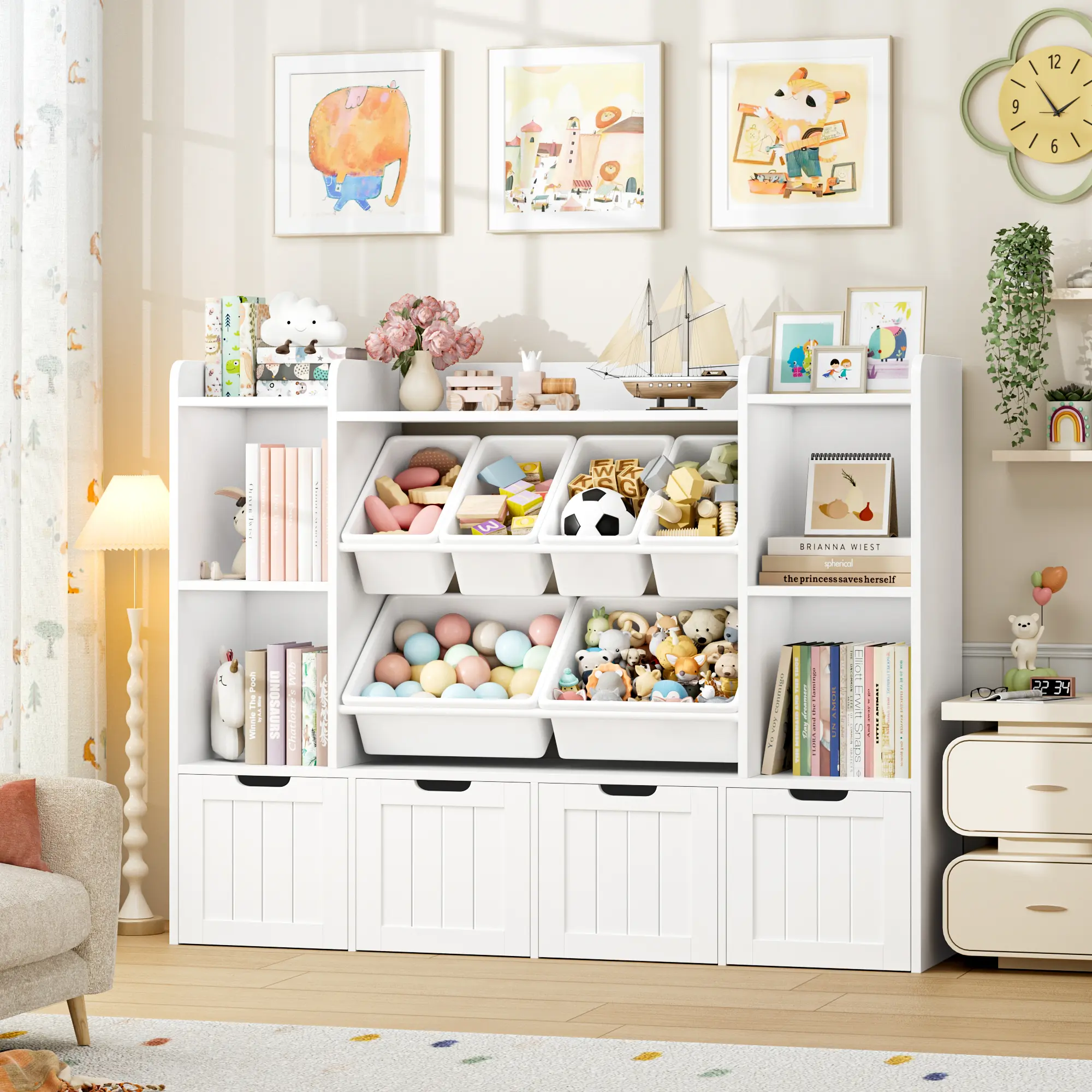 Large Toy Organizer Kids Bookshelf with 6 Bins & 4 Movable Drawers and 4 Storage Cubbies Large Toy Organizer Kids Bookshelf with 6 Bins & 4 Movable Drawers and 4 Storage Cubbies