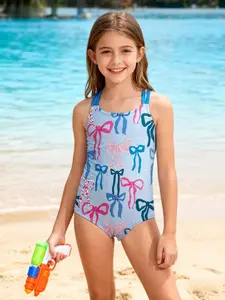 Cute Bow Print Halter One-Piece Swimsuit for Girls, Valentine's Day Gift, Fashionable Swimwear for All Seasons, New 2026 Design, Swimsuits Swimwear