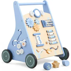 Wooden Baby Walker Push and Pull Learning Activity Walker with Wheels  Walker Toy Multiple Activities Center Develops Motor Skills & Stimulates Creativity (Blue)