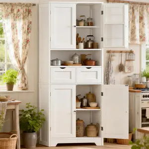 63.4 'Tall Metal Kitchen Pantry Storage Cabinets with 4 Door and 4 Adjustable Shelves, Cupboard for Kitchen, Dining Room, Living Room and Bathroom, White