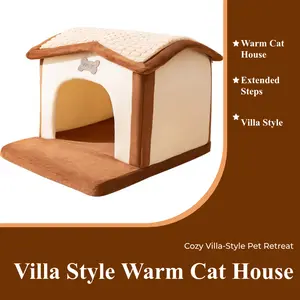 Autumn and Winter Warm Cat House with Extended Steps, Dog House, Cat House for All Seasons, Villa Style Teddy Pet House Bed Built Kennel Calming